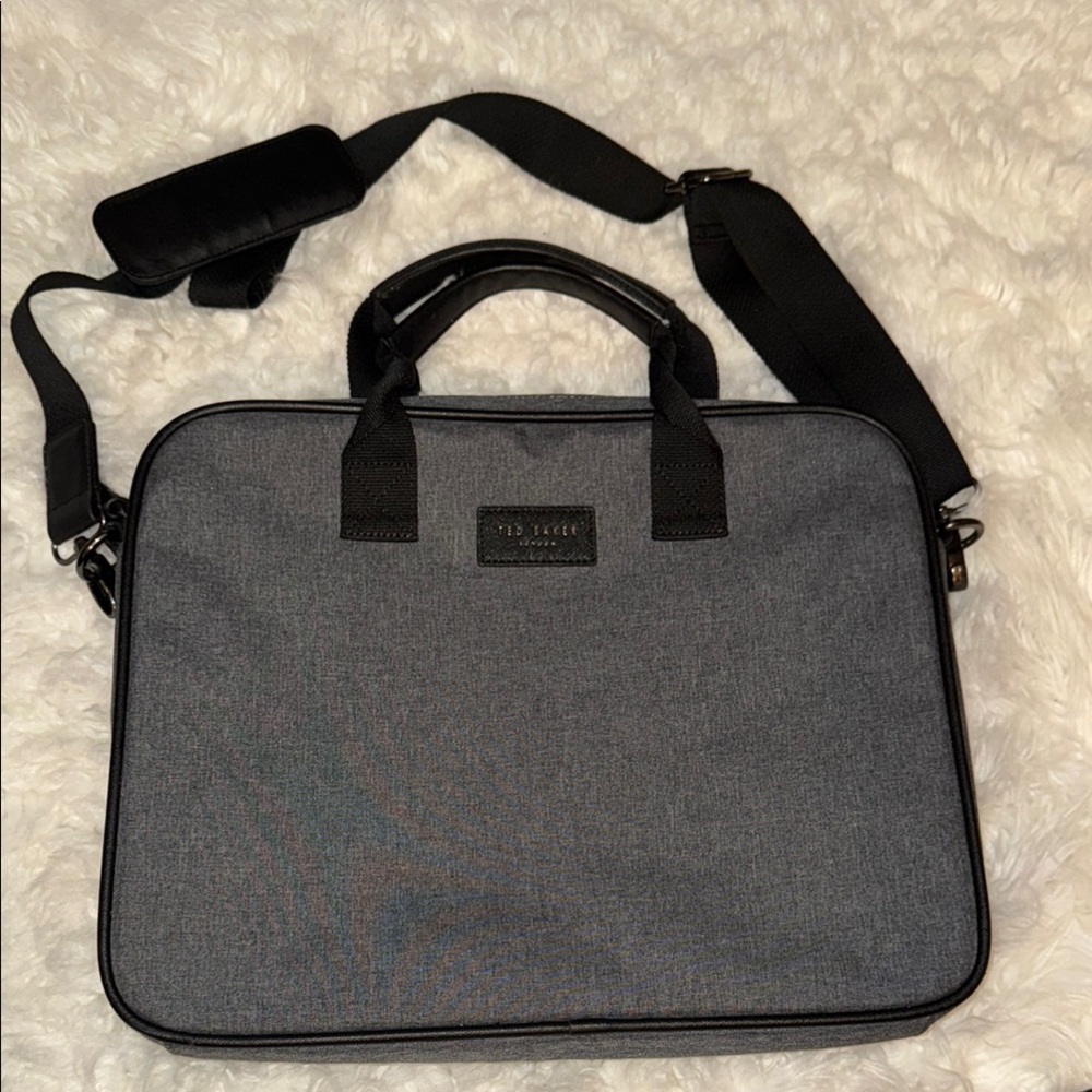 Ted Baker London Gray Briefcase with Adjustable Strap and Textured Fabric